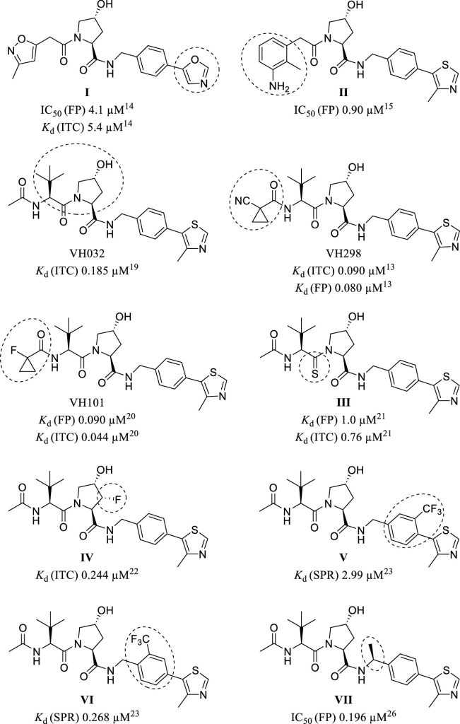 Figure 2. Structures of exemplary VHL inhibitors. Characteristic structural features are highlighted