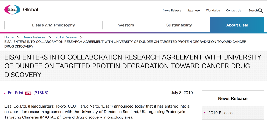 Screenshot of Eisai web page with Press Release for research agreement