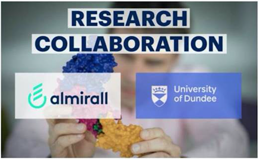 Photo of Alessio in the background with Research Collaboration text and almirall and University of Dundee logos