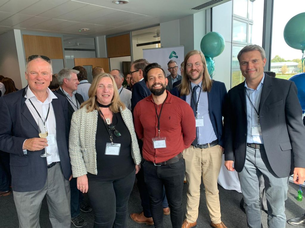 Group of people at celebration for Amphista therapeutics opens Cambridge's Granta Park research facility and is named “Fierce 15” Biotech Companies of 2022
