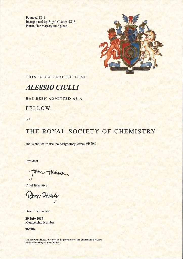 FRSC certificate awarded to Alessio Ciulli