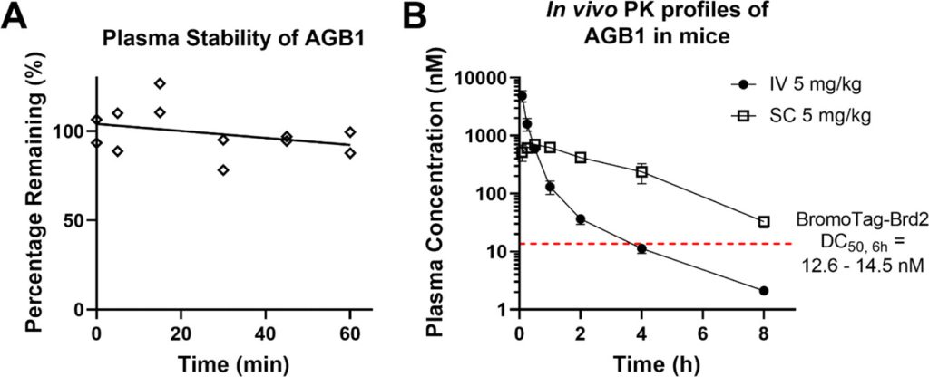 Figure 10. Plasma stability and in vivo PK studies of AGB1 (46) in mice.