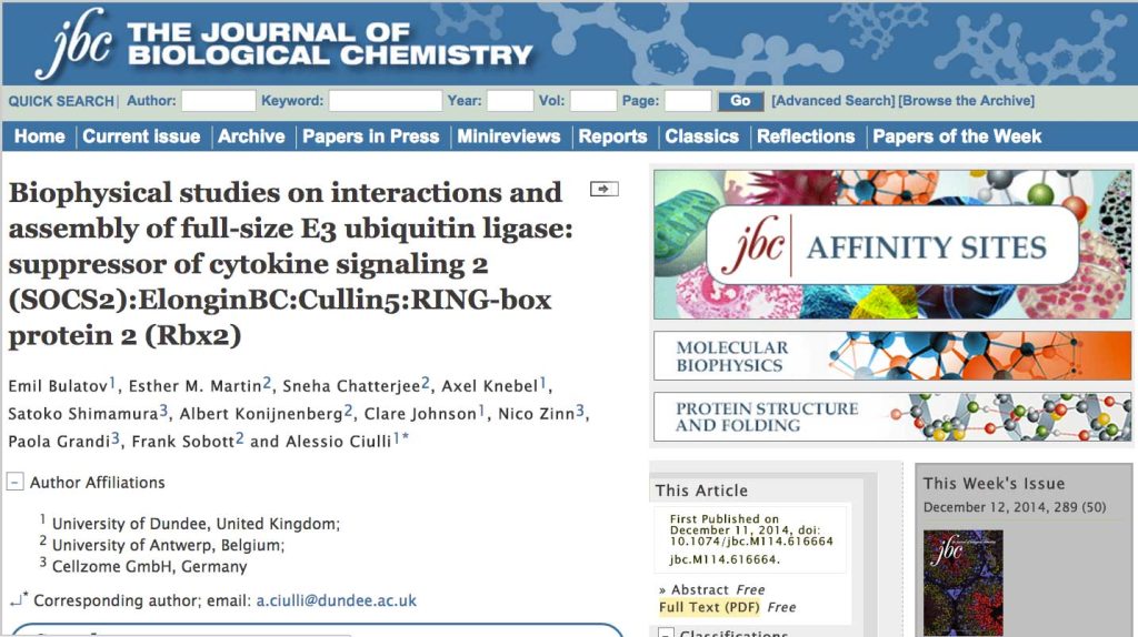 Our paper on biophysical investigation of interactions and assembly of full-size SOCS2:EloBC:Cul5:Rbx2 E3 ubiquitin ligase is now published in J. Biol. Chem.