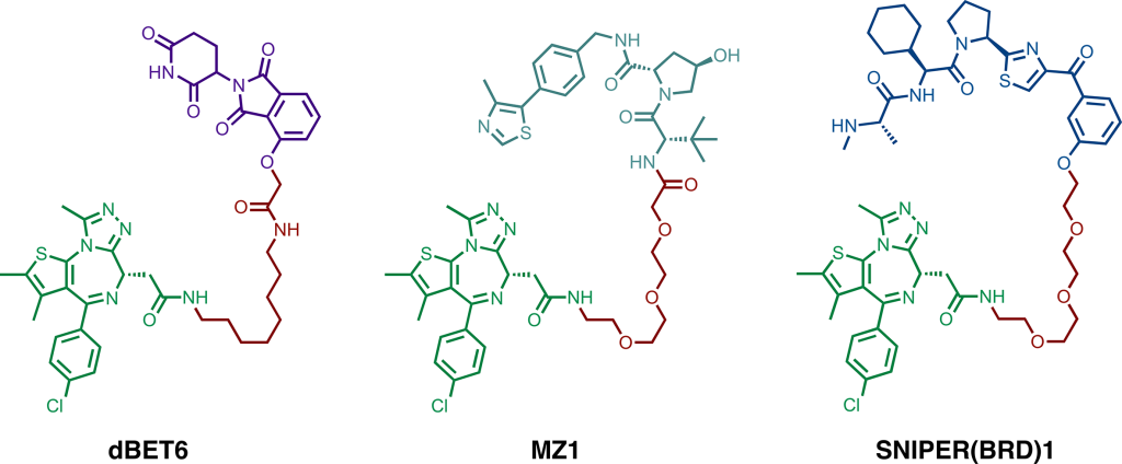 Figure 3. Examples of PROTAC chemical structures. Chemical structures of three BRD4 degraders: (left to right) CRBN-based dBET6, VHL-based MZ1 and IAP-based SNIPER(BRD)1.
