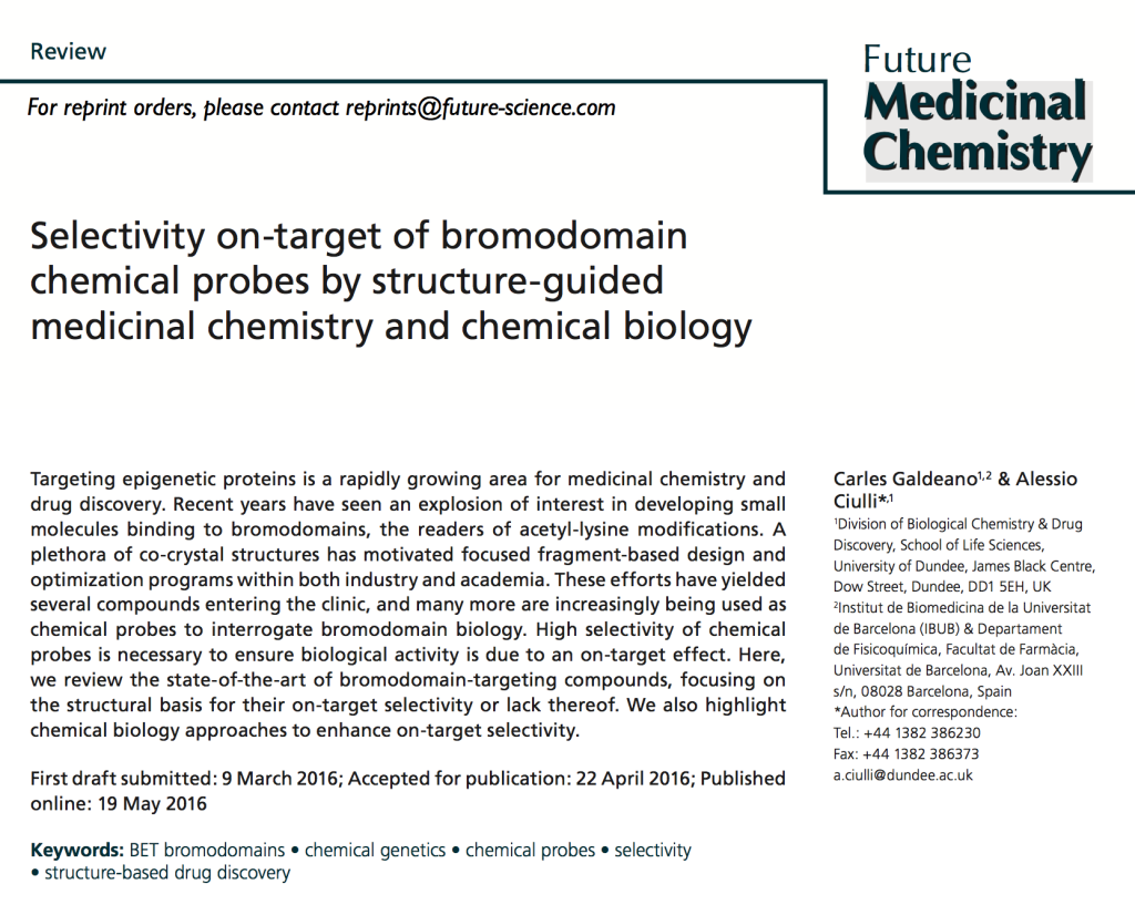 Front page of Medicinal Chemistry screenshot for the article selectivity of chemical probes targeting bromodomains