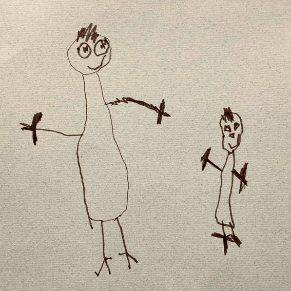 Young child's drawing of a parent and child