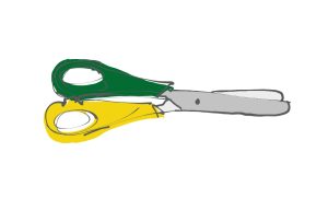 Illustration of left-handed scissors with green and yellow handles.