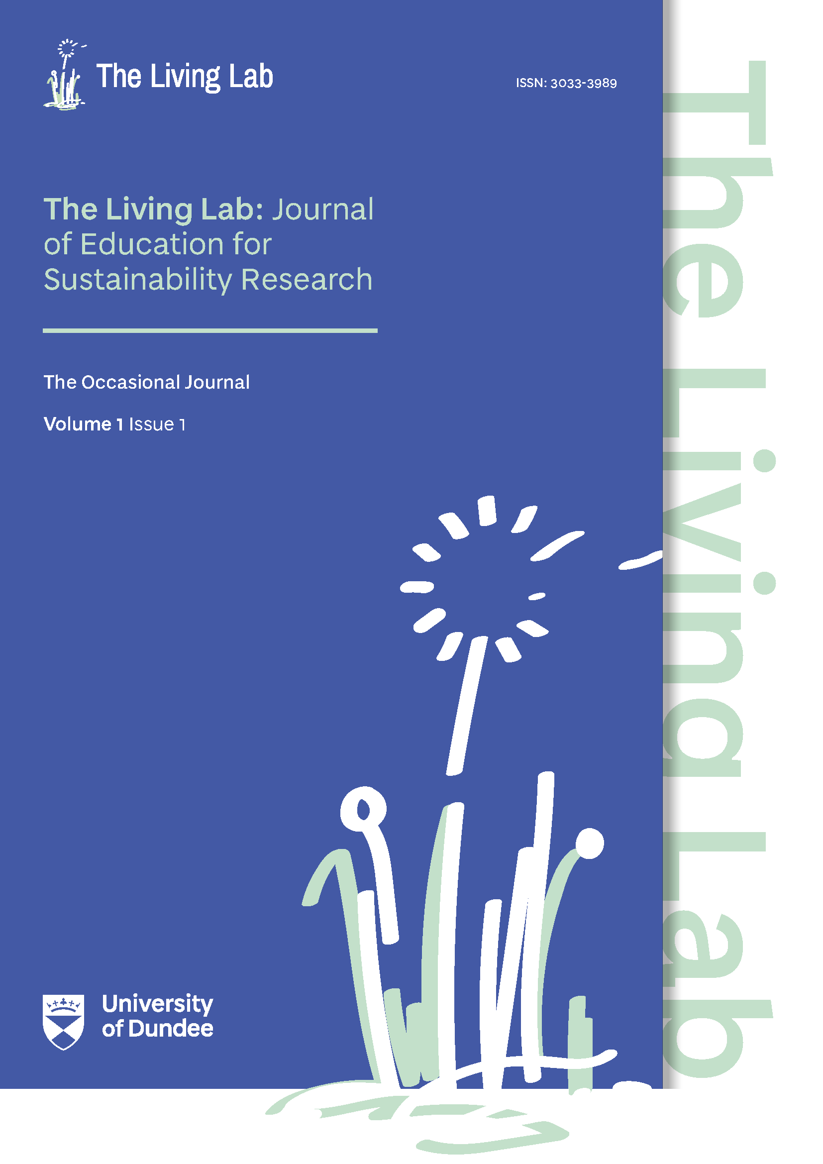 Front cover of The Living Lab journal's volume 1 issue 1, with the journal's logo of a dandelion line drawing prominently featured in the bottom right-hand corner of the cover.