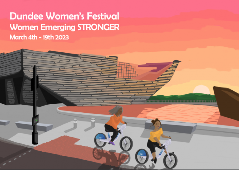 Drawing of the V&A with two cyclists in front advertising the festival