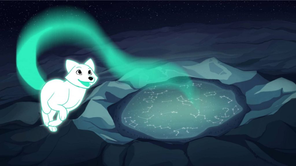 still from short film showing a white fox with glowing green tail running around a pool of water with the constellations reflected in it 