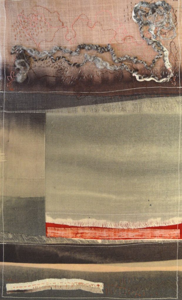 patchwork and collage embroidery sample depicting the colours and textures of distant horizons