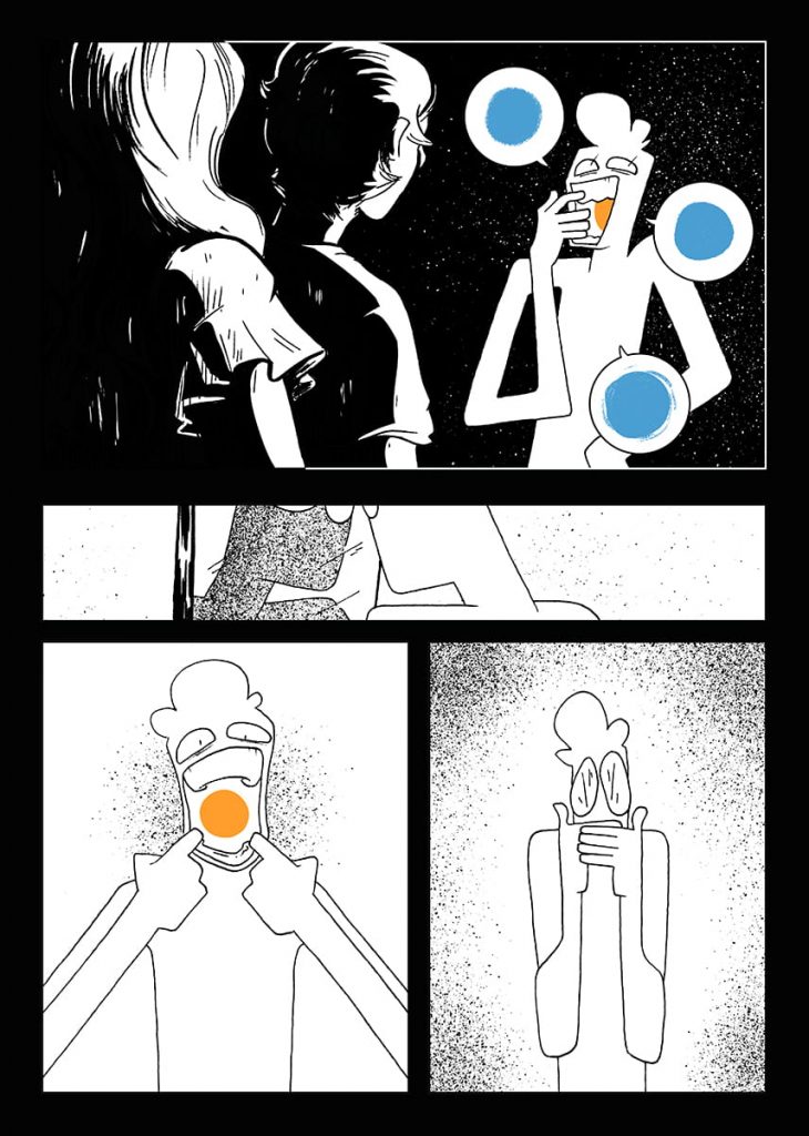 black and white comic book page showing a person talking about blue plates whilst revealing the orange plate in the back of their mouth and then hiding it. 