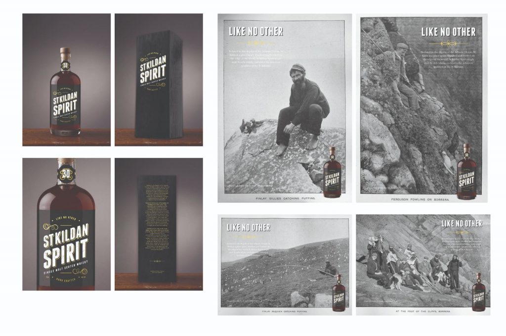 posters advertising St Kildan Spirit, a fictional whisky brand