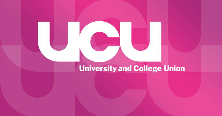 A bright pink background with UCU University and College Union text in white.