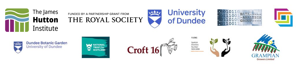Logos of institutions involved in the project: James Hutton Institute, Funded by a parternship grant with The Royal Society, University of Dundee, Data Analysis Group (University of Dundee), Jalview, University of Dundee Botanic Gardens, National Trust for Scotland, Croft 16, Friends of the University of Dundee Botanic Gardens, Grampian Growers