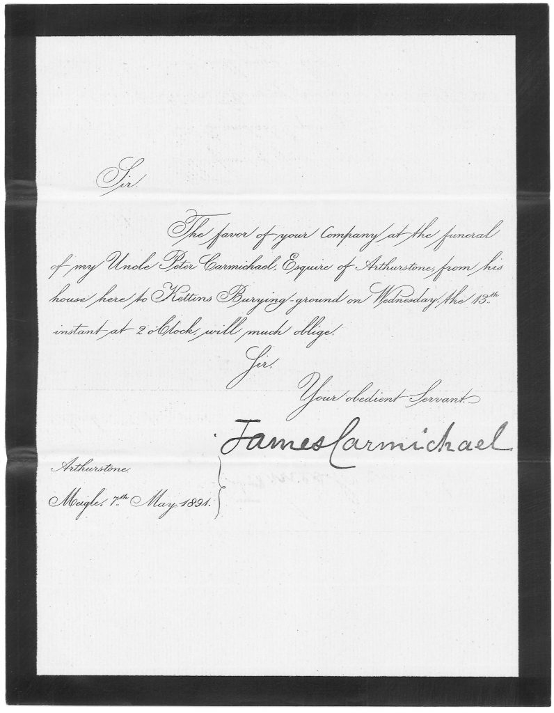 Printed invitation to Peter Carmichael's funeral, signed by James Carmichael