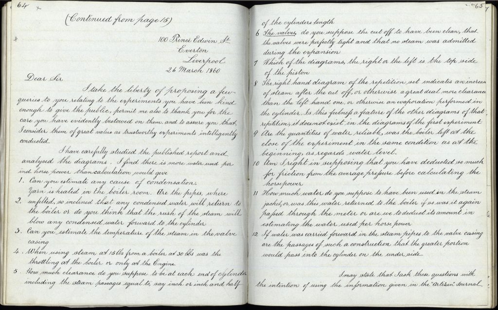 Pages showing part of a letter of questions to Carmichael regarding boiler and engine experiments.