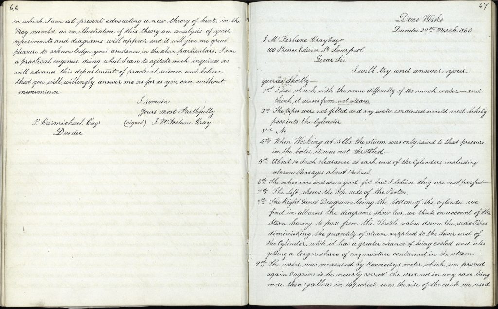 Pages showing end of a letter to and part of reply by Carmichael regarding boiler and engine experiments