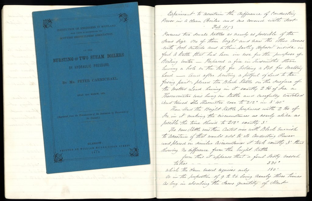 Page showing handwritten account and published booklet of Carmichael's Coal and Steam experiments
