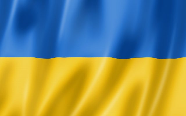 Ukraine flag, three dimensional render, satin texture