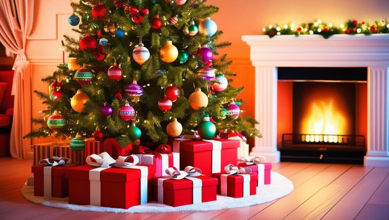 Christmas tree and roaring fire