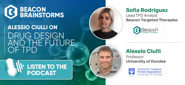 Poster of Beacon Brainstorm TPD podcast with photos of Sofia Rodriguez and Alessio Ciulli