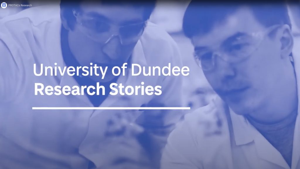 Image of two people in lab coats with text University of Dundee Research Stories