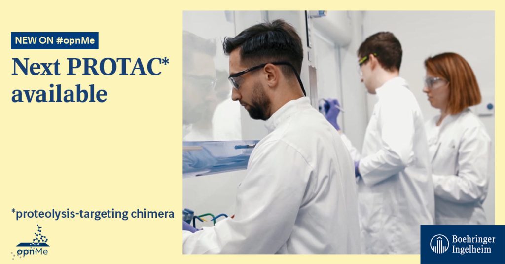 Poster of people in lab coats working with the text Next PROTAC available New on opnME