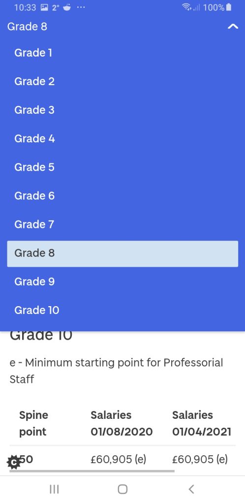 menu showing grades 4 to 10 with grade 8 highlighted