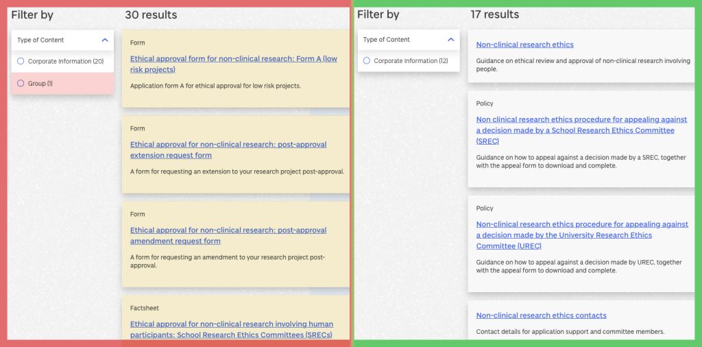 University of Dundee search results for "non-clinical research ethics". On the left is a search using “multiple words”, showing 30 results. On the right is a search using “phrase search”, showing 17 results. Red-highlighted areas are results which no longer appear using “phrase search”. Yellow-highlighted areas are results that score lower using “phrase search”.