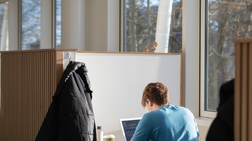 Student studying in individual study booth